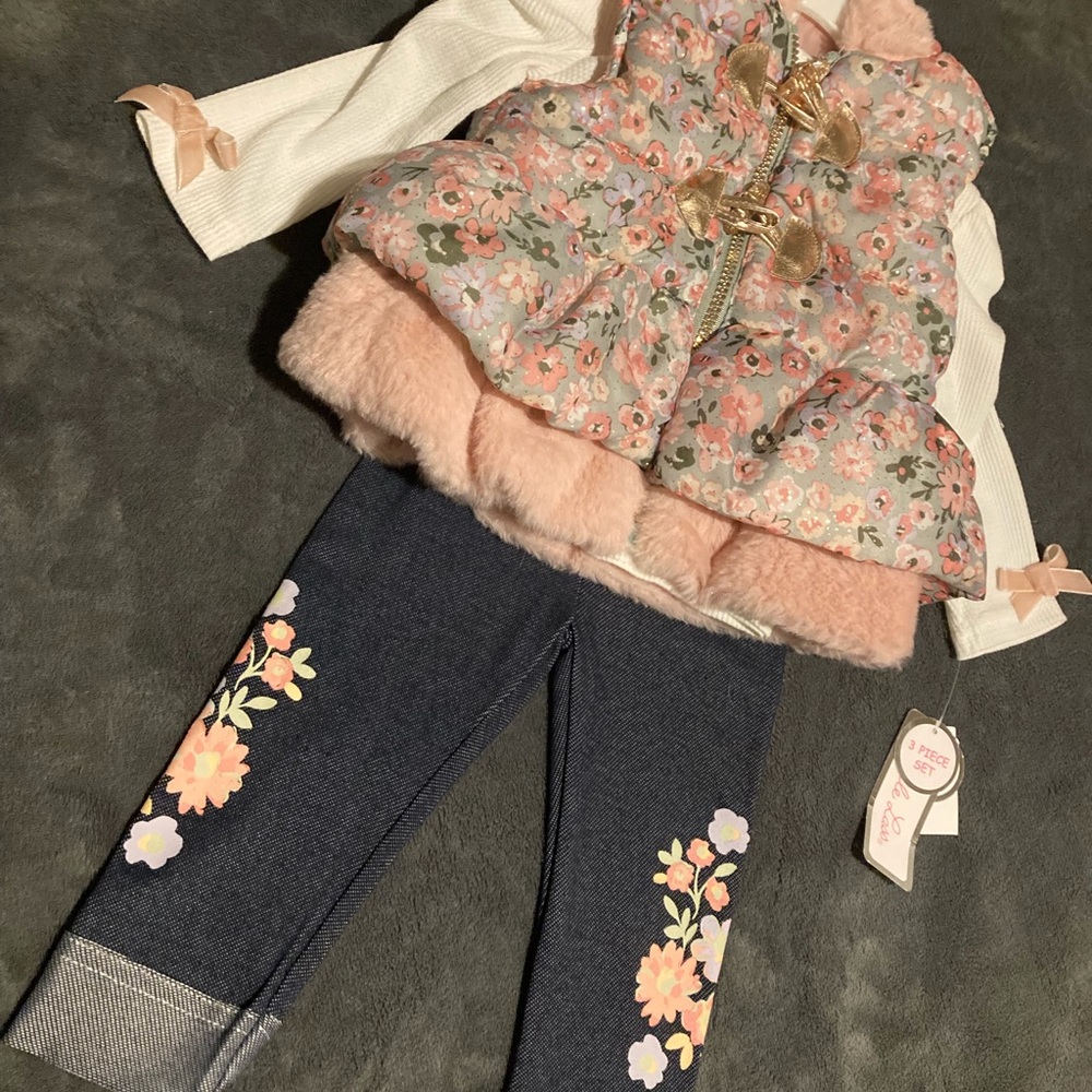 Floral Puffer Vest with Denim Leggings Set